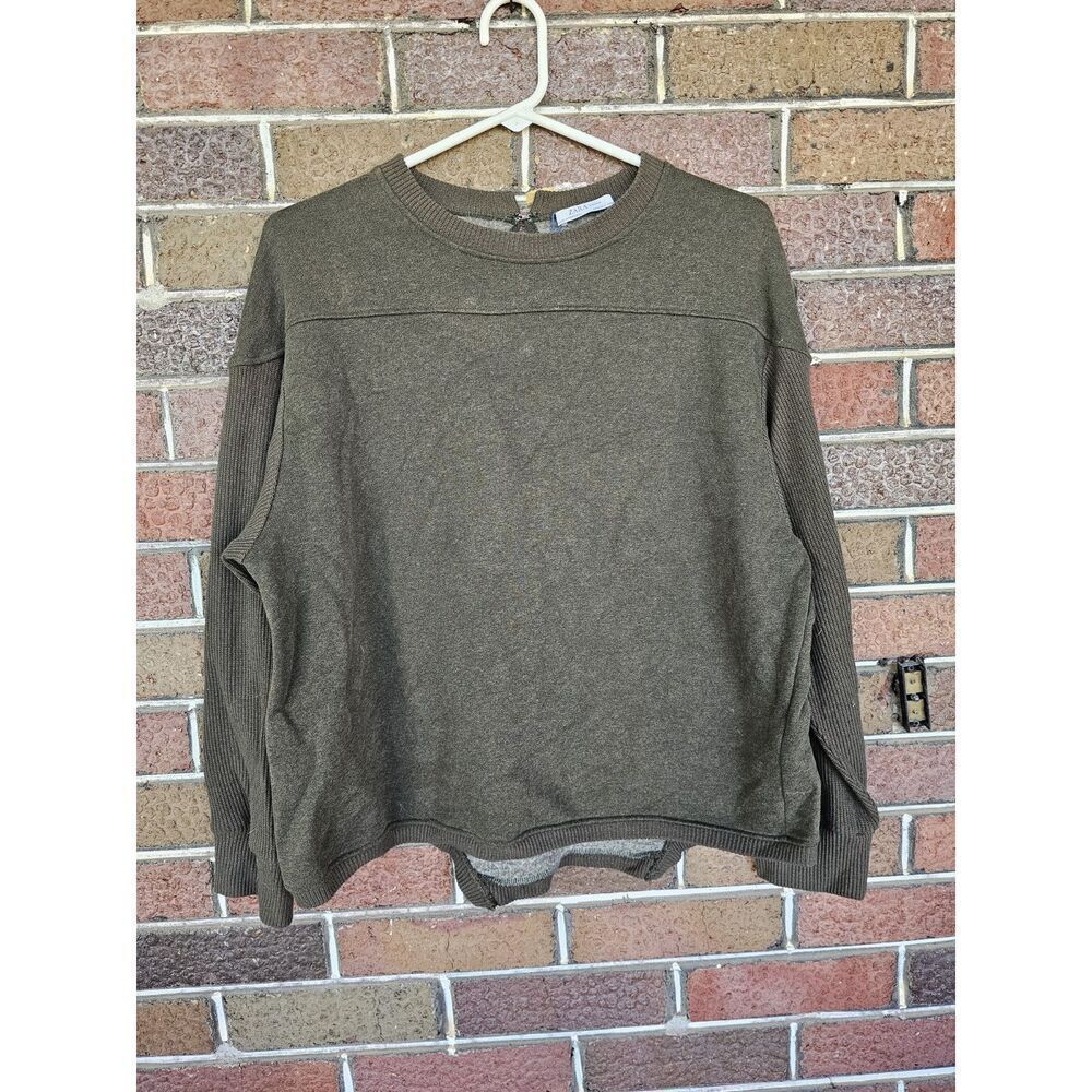 Zara Woman Olive Green Mixed Media Sweatshirt Medium Ribbed Back Patch Zip